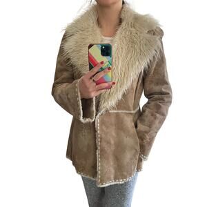 Y2K Vintage 90s Guess Penny Lane Boho Suede Leather Faux Fur Coat Size Medium